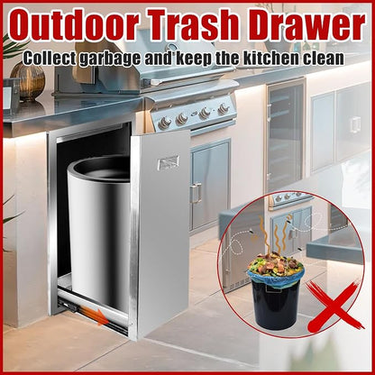 Outdoor Kitchen Single Trash Drawer 13.4'' W x 25.7'' H x 19.6'' D Pull Out Stainless Steel Bin Drawer Built-in Trash Drawers with Handle Suitable for Outdoor Kitchen Island Patio Grill Station