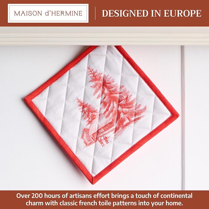 Maison d' Hermine Pot Holders 100% Cotton Potholders (8" x 8", Pack of 1) | Heat Resistant Hot Pads with Loop BBQ Cooking Baking Hotel Kitchen Handling Hot Pans Thanksgiving Christmas - Winter Jouy