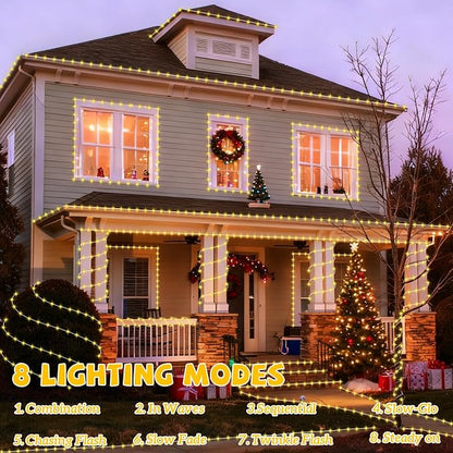 YEGUO Solar Rope Lights Outdoor Waterproof, 66ft 200 LED Warm White String Lights, 8 Modes Fairy Lights in Clear Thin Tube