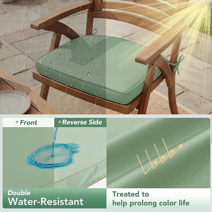Outdoor Chair Cushions Set of 2: Waterproof & Fade Resistant Patio Furniture Cushions - 19 x 19 x 2 Inch Non Slip Round Corner Seat Cushion Pads with Removable Cover for Garden Yard Lawn, Sage Green