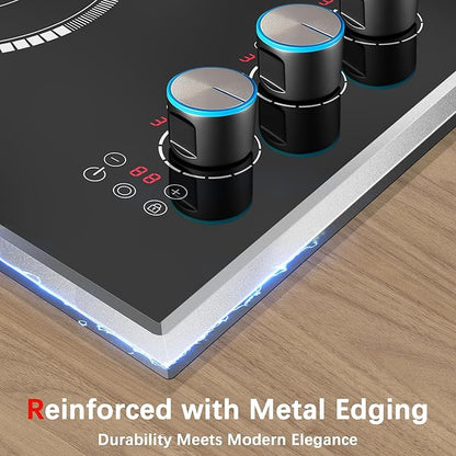 30 Inch Electric Cooktop, 4 Burner Electric Stove Top with Knob Control, 6700W Stove Top Burner with Overheat Protection, Child Lock, Timer, Durable Metal Frame, Bulit-in Glass Top 220-240V Hardwired