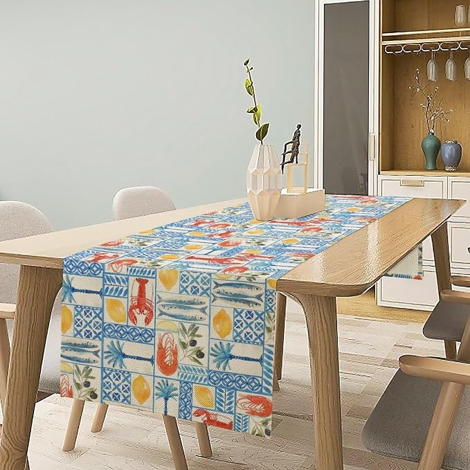Summer Lemon Table Runner Crawfish Italian Lemons Table Cover Italy Blue Tiles Lemon Seafood Boil Themed Party Supplies Home Kitchen Dining Room Decor 13x90 Inch