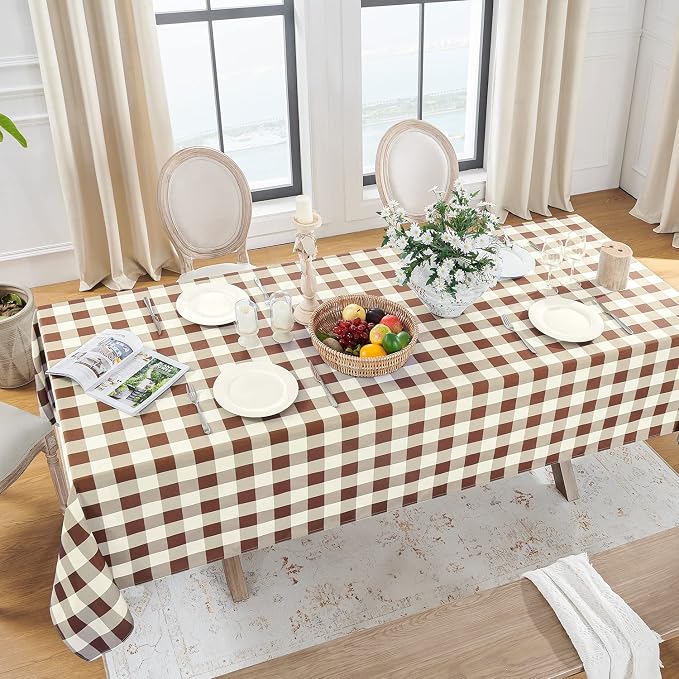 Softalker Gingham Checkered Tablecloth Square - Outdoor Waterproof Buffalo Plaid Table Cloth, Stain Resistant Washable Table Cover for Picnic, Camping, Dining - Coffee and White, 54 x 54 Inch