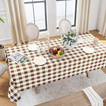 Softalker Gingham Checkered Tablecloth Square - Outdoor Waterproof Buffalo Plaid Table Cloth, Stain Resistant Washable Table Cover for Picnic, Camping, Dining - Coffee and White, 54 x 54 Inch