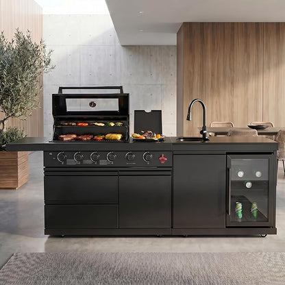 Casaphoria 84" Outdoor Kitchen Grill Island with Refrigerator and Sink, Professional Stainless Steel BBQ with 6-Burner 75300 BTU Propane & Natural Gas, Granite Countertop, Rapid Setup, Black