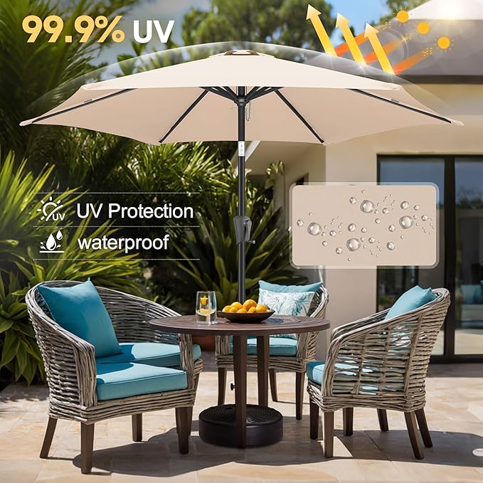 FLAME&SHADE 9ft Patio Umbrella Outdoor - Table Umbrella with Push Button Tilt and Crank, UV Protection, 6 Sturdy Ribs, Market Umbrella for Garden, Deck, Backyard, Lawn, Pool and Beach(Beige)