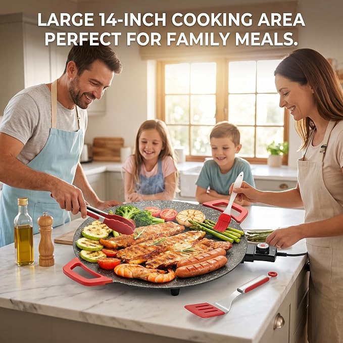 Electric Indoor Grill Nonstick, 14” Round Electric Griddle with Adjustable Temperature Control,for Pan Searing Steaks, Breakfast, BBQ & Family Meals, Bonus Spatula,Oil Brush & Food Tongs