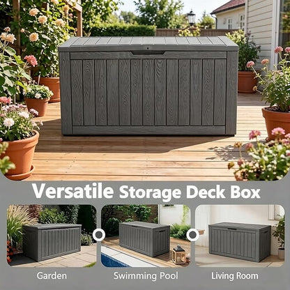 120 Gallon Outdoor Storage Box, Resin Deck Boxes Outdoor Waterproof For Patio Furniture, Garden Tools, Pool Supplies, Durable And UV Resistant, Lockable（Gray）