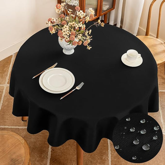 Seenus Textured 60 Inch Black Fabric Table Cloth Fits 30'' to 48'' Round Table, Faux Linen Water Resistant & Wipeable Circle Tablecloth, Washable for Dinning Kitchen Patio