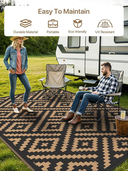 GENIMO Outdoor Rug, Waterproof Plastic Rugs 9'x12' for Camping Black Brown | Outside Larger Modern Carpet Mat for Porch Decor, Deck, Balcony, Camping, RV, Backyard, Picnic, Beach, Reversible, Foldable