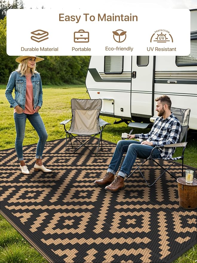 GENIMO Outdoor Rug, Waterproof Plastic Rugs for Patio, 6'x9' Black Brown | Outside Larger Modern Carpet Mat for Porch Decor, Deck, Balcony, Camping, RV, Backyard, Picnic, Beach, Reversible, Foldable
