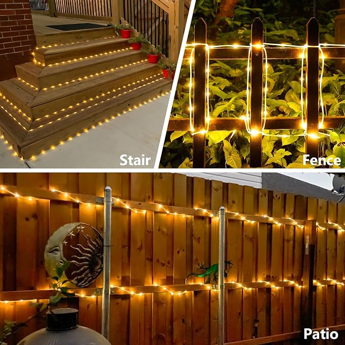 YEGUO Solar Rope Lights Outdoor Waterproof, 66ft 200 LED Warm White String Lights, 8 Modes Fairy Lights in Clear Thin Tube