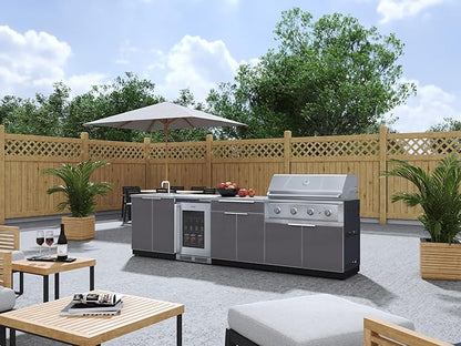 NewAge Products Outdoor Kitchen Aluminum 6 Piece Cabinet Set with Sink, Bar, Grill Cabinet, Performance Grill, Countertop and Fridge, 66327