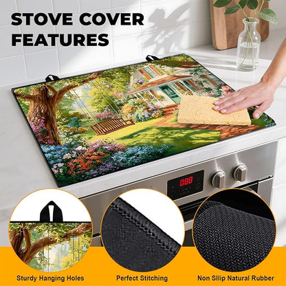 Happy Easter Stove Top Cover Flower Eggs Cute Rabbit Gas Stove Top Cover for Home Decoration Kitchen St. Patrick Day Pad Non-Stick Washable Cooktop Covers Countertop Protector (house, 28" x 20")