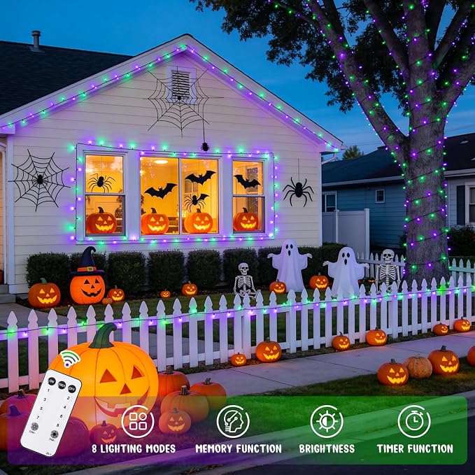 JMEXSUSS 500 LED Purple and Green Halloween Lights | 173ft Halloween String Lights Outdoor Waterproof, 8 Modes Christmas Lights Plug in for Party House Halloween Decor