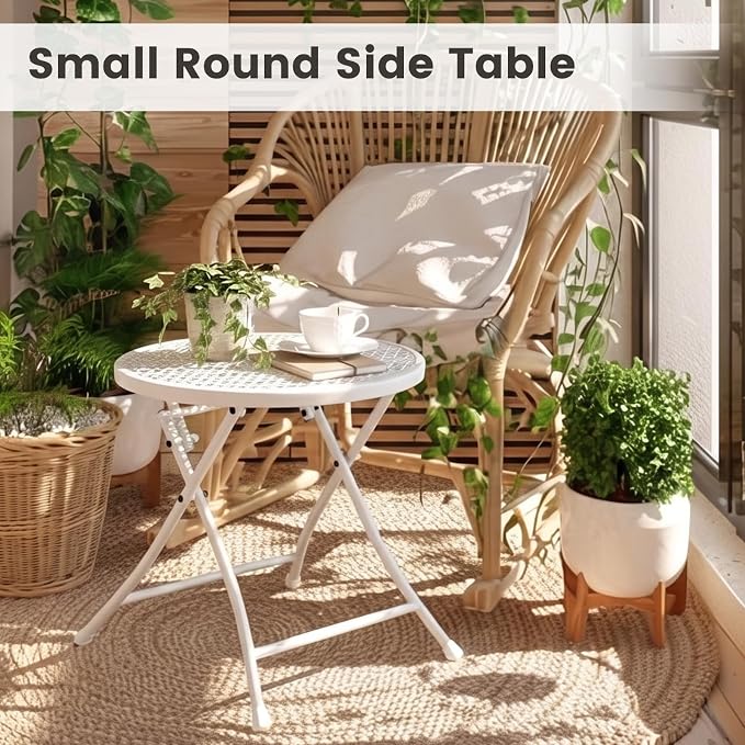TeoKJ Folding Small Outdoor Side Table, Anti Rust Patio Metal Table | Metal Round Anti Rust Patio Desk, Small Nightstand with Flower Cutouts, for Yard, Balcony, Lawn, Pool, Lightweight, White
