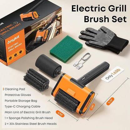 Electric Grill Brush, 1500RPM 3 Speeds, Grill Brush for Outdoor Grill with 3 Heads, Cordless Rechargeable BBQ Grate Cleaner with LED Light, Oil Splash Guard Grill Cleaning Brush for Barbecue Grates