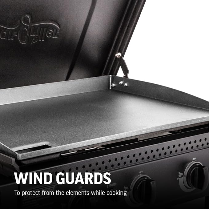 Char-Griller® Flat Iron 3-Burner Propane Gas Flat-Top Griddle with Steel Griddle Top, Hinged Lid and Wind Guards, 520 Cooking Square Inches in Black, Model 8428