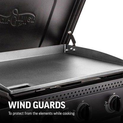 Char-Griller® Flat Iron 3-Burner Propane Gas Flat-Top Griddle with Steel Griddle Top, Hinged Lid and Wind Guards, 520 Cooking Square Inches in Black, Model 8428