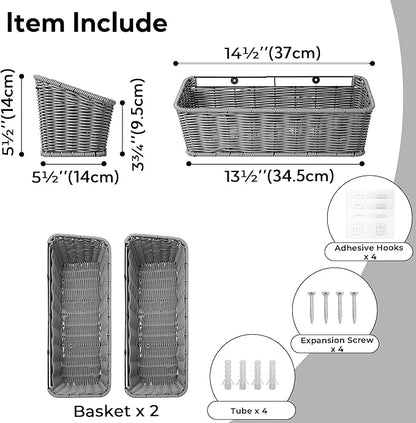 GRANNY SAYS Wicker Hanging Basket, 2 Pack Storage Baskets for Cabinet, Wall Mount Fruit Basket for Kitchen, Adhesive Bathroom Cabinet Organizer, Pantry Organizers and Storage, Gray