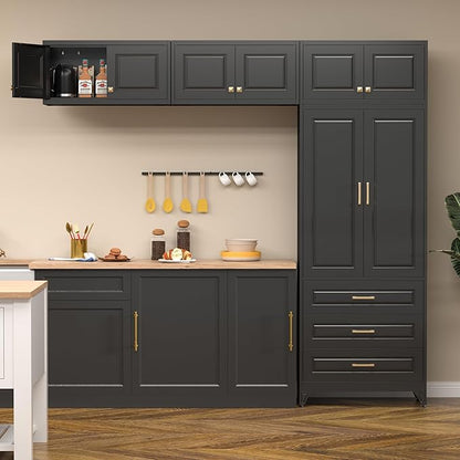 Polup Kitchen Pantry Cabinet, 90" Tall Cabinet with Three Drawers, Metal Food Pantry Cabinet and Shelves, Freestanding Cupboards for Dining, Living Room, Black,16" D x 32" W x 90" H, Assembly Required
