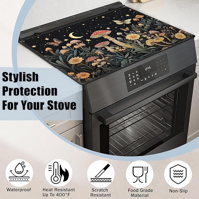 Mystery Mushroom Glass Top Stove Cover Protector,Starry Sky Night Heat Resistant Stove Top Cover, Large Size Range Covers for Electric Stove Countertop Mat, 28 x 20 Inch