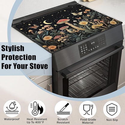 Mystery Mushroom Glass Top Stove Cover Protector,Starry Sky Night Heat Resistant Stove Top Cover, Large Size Range Covers for Electric Stove Countertop Mat, 28 x 20 Inch