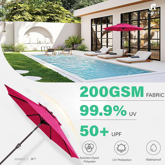JEAREY 9' 2-Tiers Patio Umbrellas Outdoor Table Market Umbrella w/Push Button Tilt/Crank, 8 Sturdy Ribs, UV Protection Waterproof Sunproof(Rose Pink)