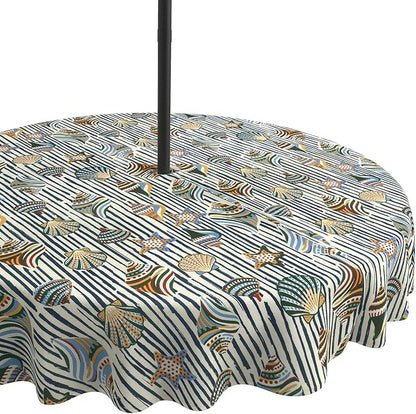 LVTXIII Round Outdoor Tablecloth with Umbrella Hole and Zipper, Water-Repellent 60 Inch Patio Table Cover for Bistro, Garden, Patio & Picnic, Cabana Shells
