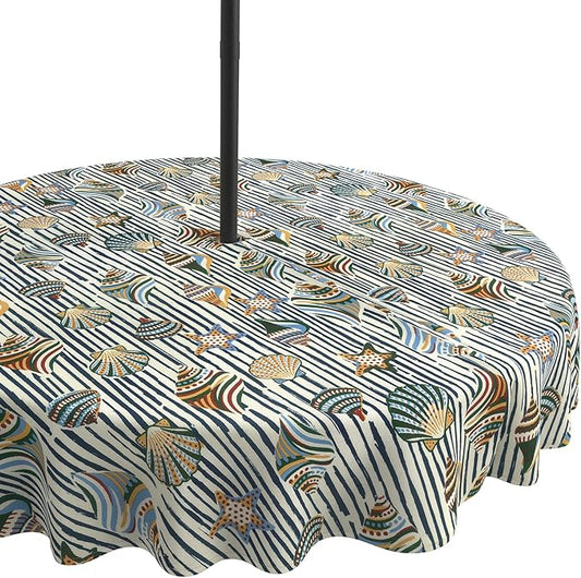 LVTXIII Round Outdoor Tablecloth with Umbrella Hole and Zipper, Water-Repellent 60 Inch Patio Table Cover for Bistro, Garden, Patio & Picnic, Cabana Shells