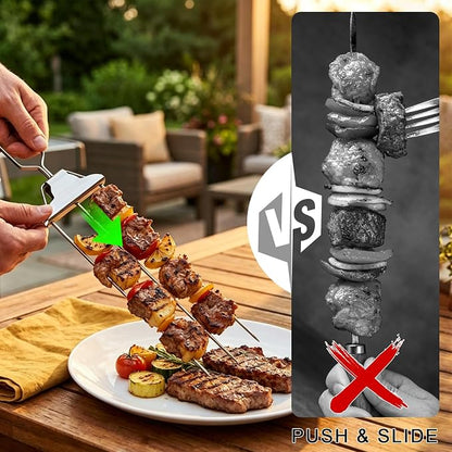 Skewers for Grilling, 3 Way Stainless Steel Grill Skewers with Push Slider & Bag, Reusable for Outdoor Camping
