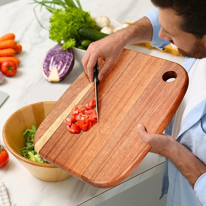 Large Acacia Wood Cutting Boards for Kitchen with Hanging – Big Wooden Cutting Board for Vegetables, Bread, Steak, Meat, Cheese, Charcuterie - BPA Free, 14" x 11"