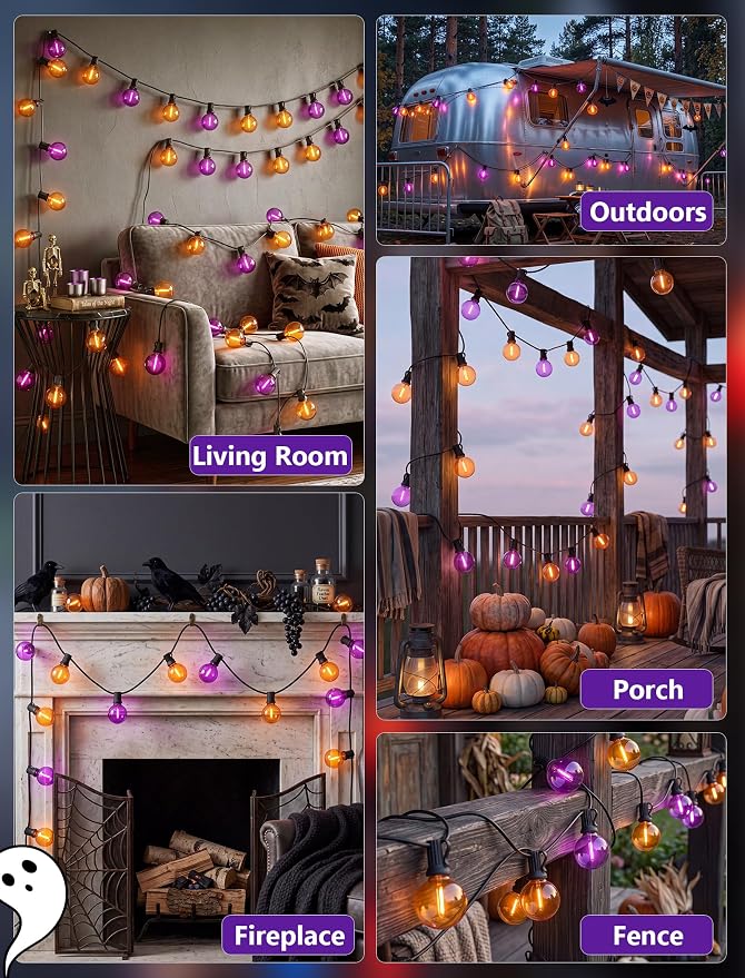 LED Outdoor Halloween Lights, 50FT 25 G40 Orange Purple Globe String Lights | Plug in, Dimmable, IP65 Waterproof, Hanging Outdoor Halloween Decorations Patio Lights for Porch Backyard Garden Party Decor