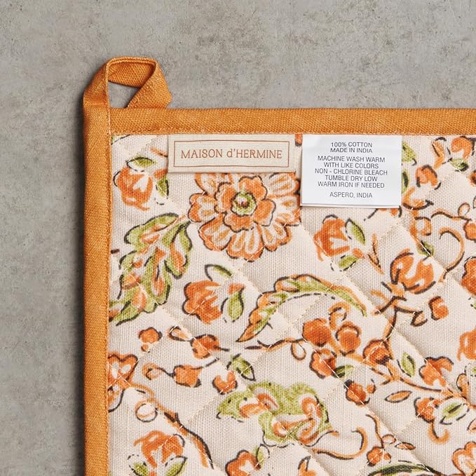 Maison d' Hermine 100% Cotton Oven Mitt & Pot Holder Set (7.5"x13" & 8"x8") | Heat Resistant BBQ Cooking Gloves with Loop Baking Grilling Kitchen Home Farmhouse Thanksgiving Christmas - Pumpkin Spice