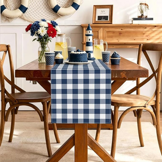 Navy Blue Gingham Table Runner Coastal Nautical Birthday Party Decoration BBQ Picnic Home Kitchen Table Decor (Navy Blue, 13" x 72")