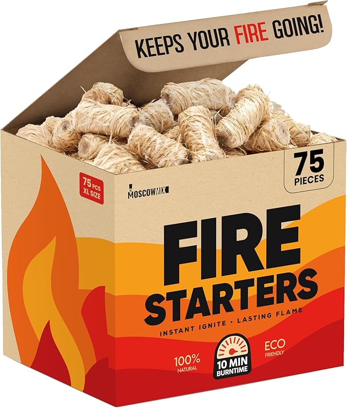 Moscow-Mix Fire Starter (75 PCS) Natural Fire Starters for Campfires, Fireplace, Charcoal Starter for Grill, BBQ, Wood Stove, Fire Pits - Odorless, Non-Toxic, Waterproof Natural Pine Wood Starters
