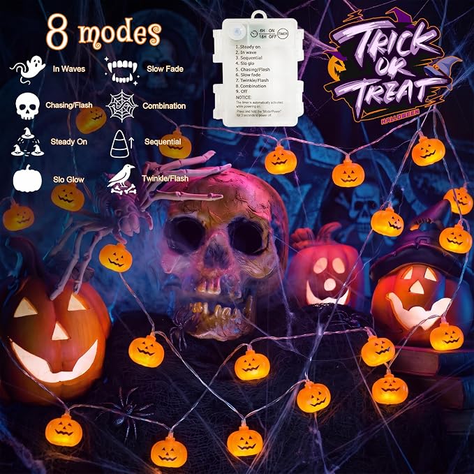 Halloween Lights Battery Operated, Pumpkin String Lights Outdoor | 10Ft, 20LED, Timer, 8 Modes, Clear Wire, 3D Plastic Pumpkin, Waterproof, Orange Cute Decor for Patio Yard Party Home