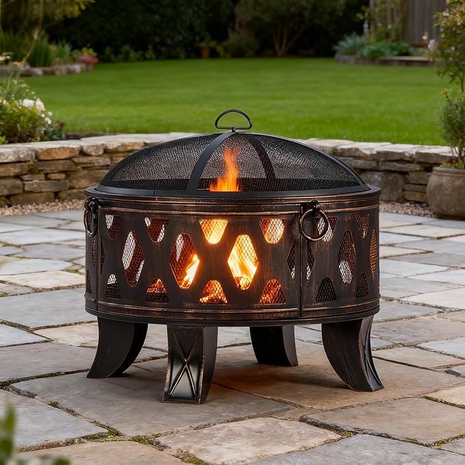 Breezz 26 Inch Wood Burning Fire Pit with Cooking Grill and Spark Screen, Outdoor Metal Round Firepit for Patio, Backyard, Bonfire Party, Camping and Garden