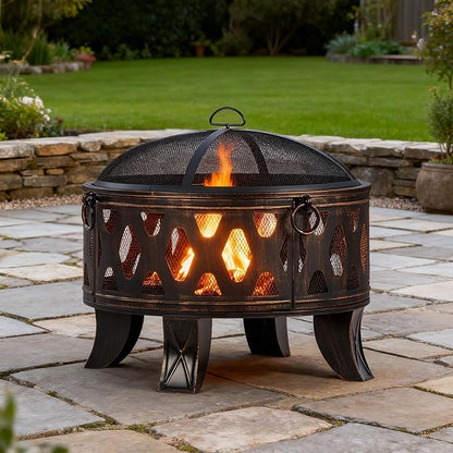 Breezz 26 Inch Wood Burning Fire Pit with Cooking Grill and Spark Screen, Outdoor Metal Round Firepit for Patio, Backyard, Bonfire Party, Camping and Garden