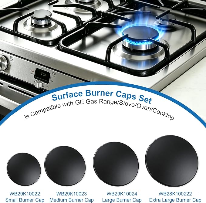 Upgraded 4Pcs Matte Surface Burner Caps Set Fits for GE&Hotpoint&Haier 30" Gas Range/Cooktop,WB29K10022-1 Small Cap WB29K10023-1 Medium Cap WB29K10024-1 Large Cap WB28K10222-1 X-Large Cap(Matte Black)