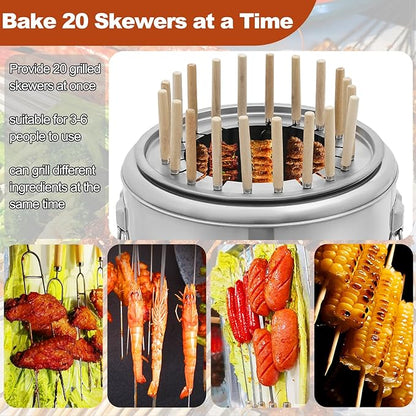 Smokeless Barbecue Surround Charcoal Grill, Stainless Steel Hanging Grill, Portable Smokeless Barrel Shape Grill with 20 Skewers, 13in(D) × 15in(H)
