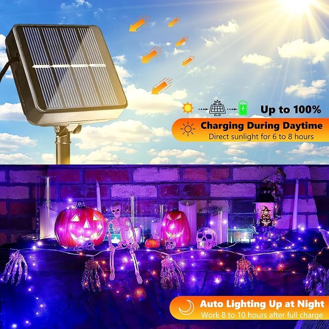 Joomer Orange Purple Halloween Solar String Lights,2 Pack Total 80FT 240LED | Solar Fairy Lights, Waterproof Outdoor Twinkle Lights with 8 Modes for Garden, Porch, Trees, Halloween Decor (Black Wire)