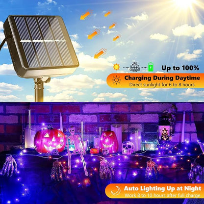 Joomer Orange Purple Halloween Solar String Lights,2 Pack Total 80FT 240LED | Solar Fairy Lights, Waterproof Outdoor Twinkle Lights with 8 Modes for Garden, Porch, Trees, Halloween Decor (Black Wire)