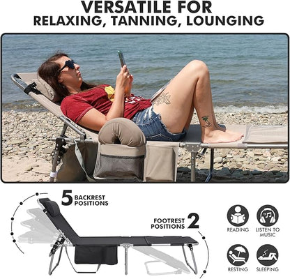 Wheel-To-Go Tanning Chair with Wheels & Sun Canopy Umbrella & Face Hole | Portable Heavy Duty Folding Lounge Chair | Outside Sunbathing Reading Beach Poolside Lawn | Lay Flat | 300 LBS (Patent Design)