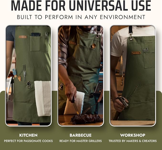 Asaya Chef and BBQ Apron with Bottle Opener and Hand Towel - 10oz Cotton Canvas, Stainless Steel Hardware - Cross Back Straps