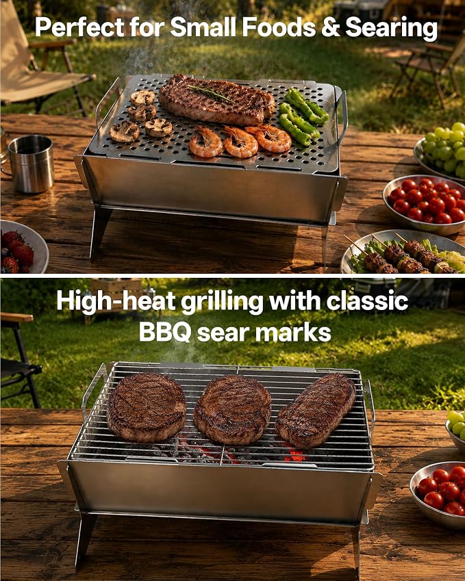 Charmline Portable Fire Pit with 2 Cooking Grates, Small Charcoal Grill | Grill & Fire Pit Combo, Tool-Free Setup, Open and Perforated Grates, Polished Edges, Snap-Lock Structure, Saving Space