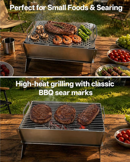 Charmline Portable Fire Pit with 2 Cooking Grates, Small Charcoal Grill | Grill & Fire Pit Combo, Tool-Free Setup, Open and Perforated Grates, Polished Edges, Snap-Lock Structure, Saving Space