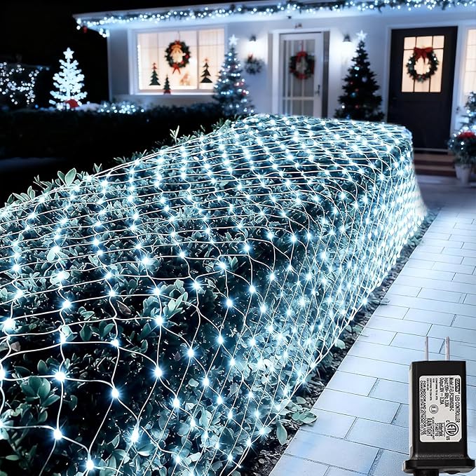 Lovelite 360 LED Net Lights, 21ft x 5ft Christmas Mesh Lights Clear Wire 8 Modes, Waterproof Connectable String Light Plug in for Xmas Tree Bushes Garden Outdoor Party Decorations - White