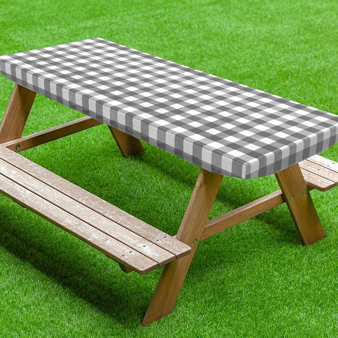 UMINEUX Fitted Rectangle Tablecloth for 6 ft - Plastic Vinyl Flannel Backed with Elastic Edged, Waterproof & Wipeable Table Cover for Indoor Patio Use (30x72 Inch, 1-Pieces, GreyPlaid)