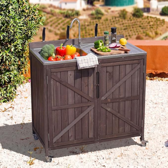 Merax Farmhouse 39.4" Outdoor Grill Cart with Stainless Steel Sink & Back Splash, Wood Rolling BBQ Prep Table w/Storage Cabinet & 4 Lockable Wheels for Patio and Outdoor Cooking,Dark Brown